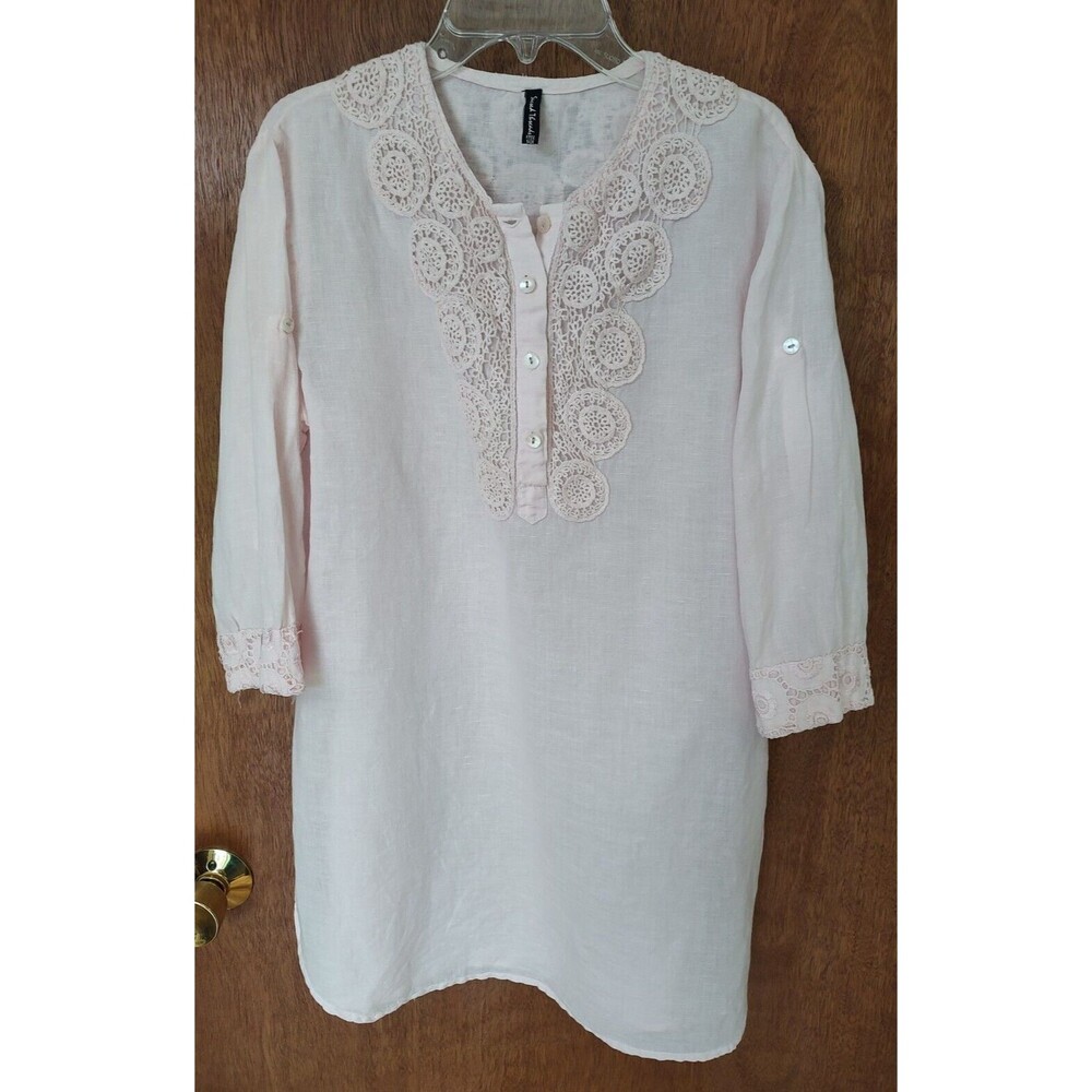 Sacred Threads free size pink linen blend tunic crochet lace detail 3/4 sleeve
